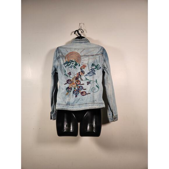 AEROPOSTALE Retro Denim Jean Trucker Jacket Womens M Blue Embroidered Peacock - Picture 7 of 12